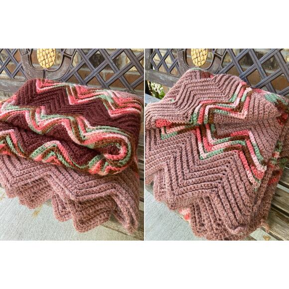 64" x 66" Chevron Wave Pattern Crocheted Throw Blanket Dark Pink Vintage Afgan - Picture 2 of 3